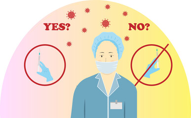 Masked medic doubts about vaccine, anti-vaccine movement, vaccine against corona virus, vector illustration
