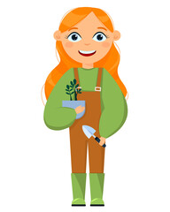 Gardening beautiful red-haired girl holding a pot with a seedling and a shovel. A girl in a camo is engaged in gardening
