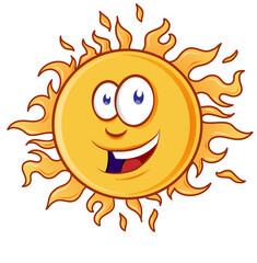 Happy cartoon yellow sun character smiling  isolated on white bachground