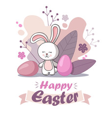 Little Bunny with decorated eggs. Easter card