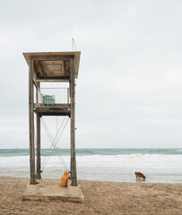 Fototapeta premium Woman in yellow raincoat looking at the sea. Walk along the beach on a bad weather day. Person walking on sand next to coast guard hut