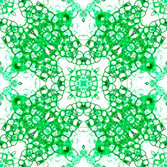 Green seamless pattern. Amazing delicate soap bubbles. Lace hand drawn textile ornament. Kaleidoscop