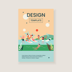 Happy young people enjoying vacation on beach. Friends, sunbathing, tropical seaside flat vector illustration. Vacation, summer activities concept for banner, website design or landing web page