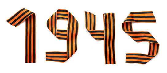St George ribbons set. May 9 war victory. Traditional symbol black orange stripe ribbon. numbers 1945