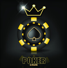 Poker club banner. Casino chip, spades suit sign, crown with diamonds. Vector illustration for casino apps and websites