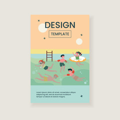 Happy children in swimming pool isolated flat vector illustration. Cartoon kids in swimwear playing in water with friends. Summer activity and vacation concept