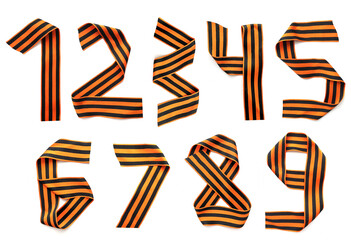 St George ribbons set. May 9 war victory numbers zero to nine. Collection isolated on white background. Traditional symbol black orange stripe ribbon.