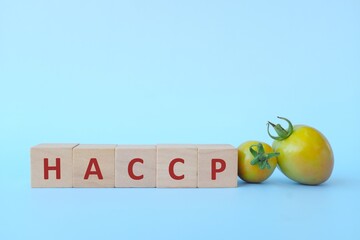 Haccp acronym in wooden blocks on blue background. Safety in food industry and manufacturing concept.