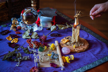 Candle magic. Wax handmade candles, esoteric and occultism concept