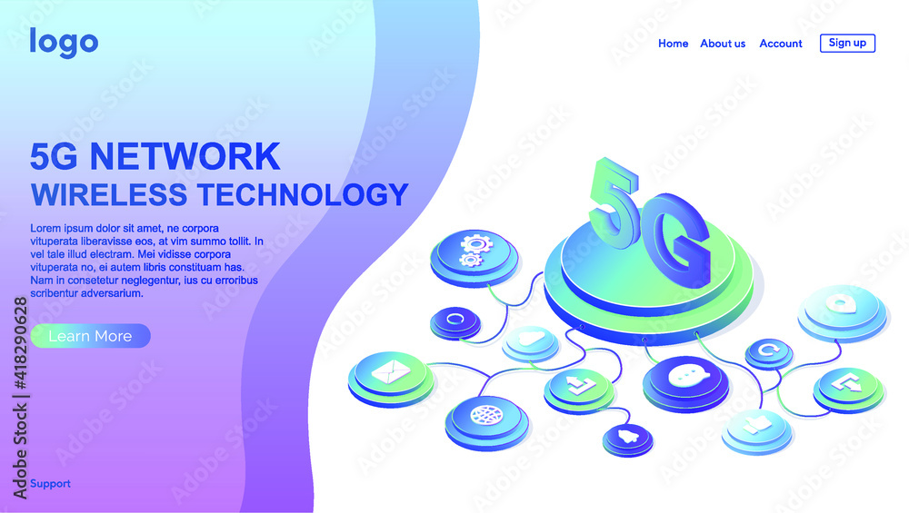 Poster 5g network wireless technology illustration. mobile internet of next generation. web page design tem