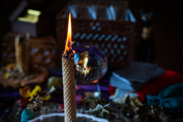 Candle magic. Wax handmade candles, esoteric and occultism concept