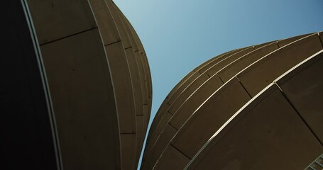Looking Up On RAI Car Park Building. RAI Amsterdam Exhibition And Convention Center In Netherlands. low angle, orbiting shot