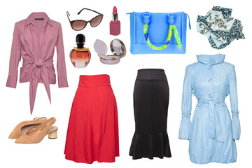 Collage woman clothes. Set of stylish and luxurious trendy women coat, skirts, a blouse or shirt,...