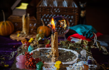 Candle magic. Wax handmade candles, esoteric and occultism concept