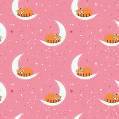 Foto auf Acrylglas Seamless pattern with cute red panda sleepping on the half moon with a star. Illustration for banner, sticker and poster for baby rooms. Childish background. © Alina
