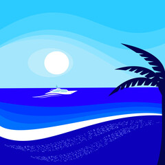 Fototapeta na wymiar Summer, palm tree and yacht sailing in the sea. Vector background illustration.