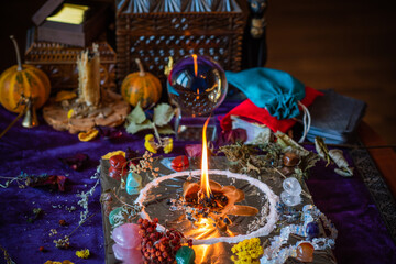 Candle magic. Wax handmade candles, esoteric and occultism concept