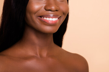 Cropped photo of sensual flawless pretty woman toothy beaming smile perfect white teeth isolated beige background