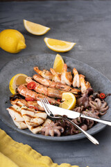 Seafood assorted platter - Prawn Shrimp, Squid, Octopus mini, lemon . High quality photo