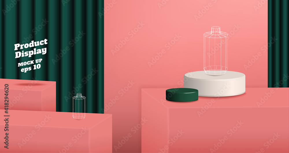 Poster vector 3d product display background,peace color block studio kiosk with dark green curtain.banner w