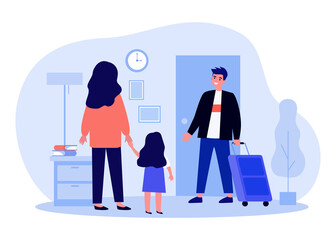 Mom and kid welcoming dad from trip. Happy father with luggage returning home to wife and daughter. Flat vector illustration. Family reunion concept for banner, website design or landing web page