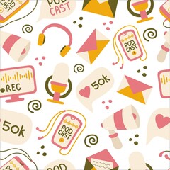 Podcast seamless pattern. Hand-drawn vector illustration print with podcast elements, headphones, speech bubbles, microphone