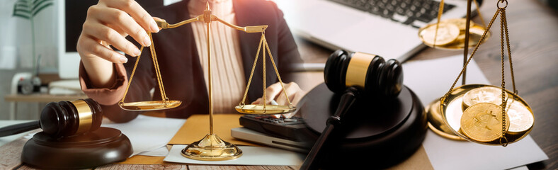 Business and lawyers discussing contract papers with brass scale on desk in office. Law, legal...