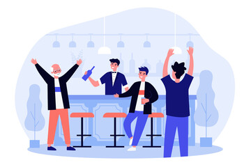 Happy senior man visiting grandson bachelor party. Guy celebrating birthday with grandpa in bar. Flat vector illustration. Family party concept for banner, website design or landing web page