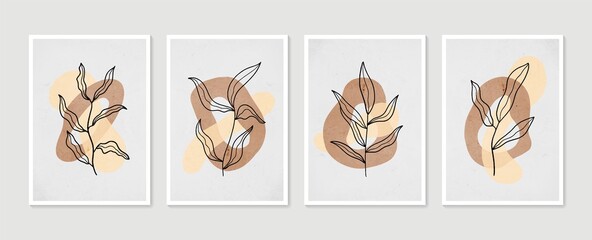 Botanical wall art vector set. Minimal and natural wall art. Boho foliage line art drawing with abstract shape. Abstract Plant Art design for print, wallpaper, cover. Modern vector illustration.