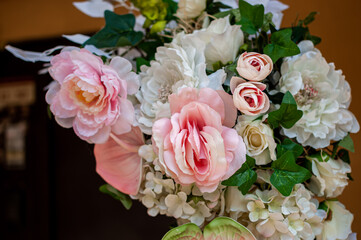 Wedding arch with multi-colored flowers. Wedding decorations