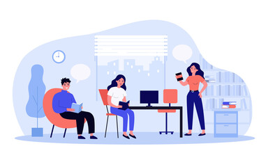 Students reading books in library. Group of readers meeting and discussing stories. Flat vector illustration. Bookworms club, hobby, literature concept for banner, website design or landing web page