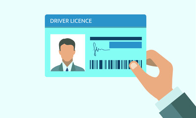 Fototapeta na wymiar Hand holding Driver license. ID card. Identification card icon. Man and woman driver license card template. Vector Icon driver license.