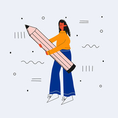 ethnic business woman with glasses holding a large pencil. Study and write concept. Filling out the diary by the student. An employee maintains accounting records. Trendy flat character textured
