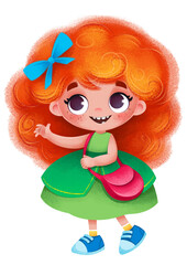 Cartoon fairy princess. Red-haired little girl. Funny bright style. Elegant fluffy dress. Full length, Gym shoes. Indicates with his hand.Children's cute illustration. The image is isolated on a white