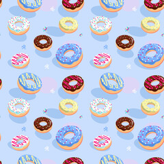 
Pattern on a blue background, pattern from a drawing of multi-colored appetizing donuts