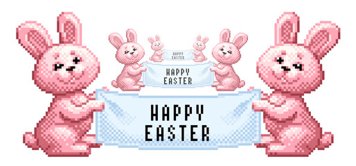 Vector pixel art cartoon Easter bunny and Happy Easter text