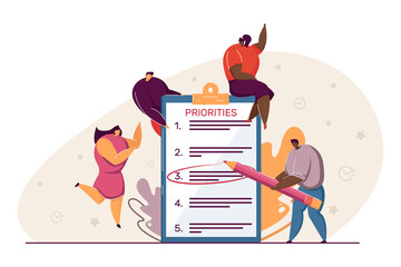Tiny business people making priority list. Team prioritizing tasks in checklist, marking importance. Vector illustration for planning, agenda, efficiency, progress concept