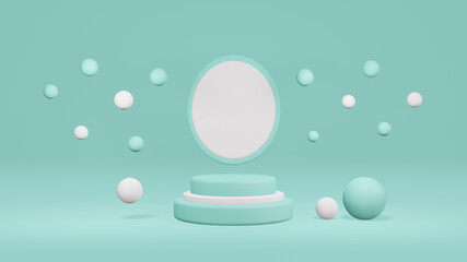 pastel green and white product stage with cylinder podium decorated with balls, minimal stand pedestal display background, geometry shapes, mock up scene, 3d rendering illustration