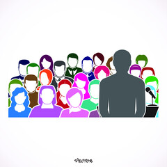 orator speaking from tribune. public speaker and crowd. vector illustration in flat style