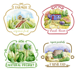 Vintage badges with old farms and rural landscapes set. Fields, houses, gardens, trees, truck, tractor. Organic farm, local food design concept. Watercolor hand drawn illustration