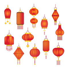 Red Chinese lamps set. Paper traditional Asian festive lanterns, street new year decoration isolated on white. Vector illustrations for oriental festival, celebration, Asia concept