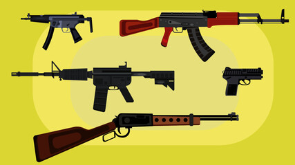 Guns: automatic weapon, rifles, machine gun and pistol.