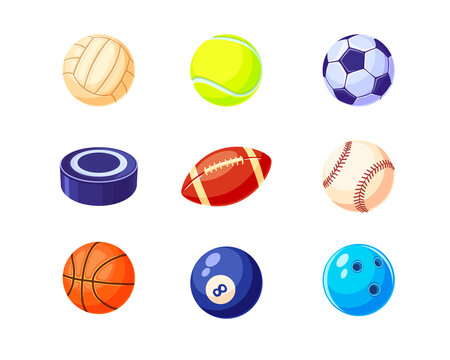 Creative colorful balls flat illustration set. Cartoon hockey, soccer, baseball, basketball, rugby and billiard balls isolated vector illustrations. Sport game equipment concept