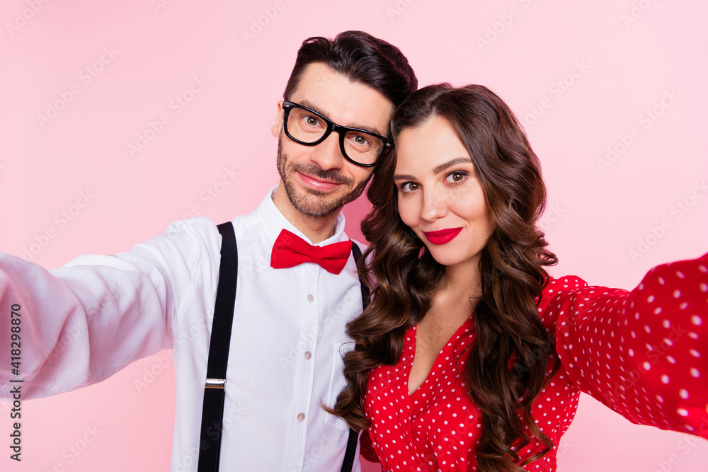 Sticker photo of nice optimistic brown hair couple do selfie wear red dress shirt isolated on pastel pink co