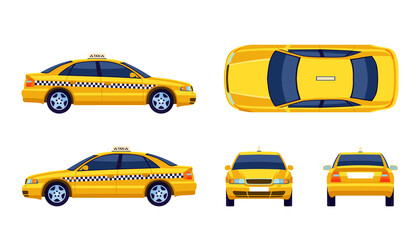Different views of taxi yellow car flat collection for web design. Cartoon cab view from side, front, back and top isolated vector illustrations. Transportation and travel concept © Bro Vector