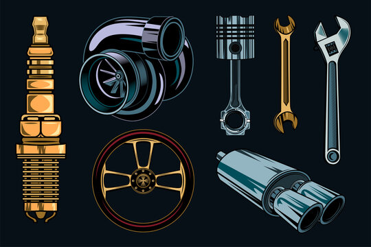 Vintage car repair elements set. Colored parts and tools, retro chrome engine, wrenches concept. Vector illustrations collection for garage or motor mechanic service concept