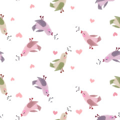Seamless background with cute birds and hearts. Template for different types of printing