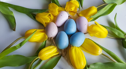 Plakat Easter composition of yellow tulips with and eggs. 