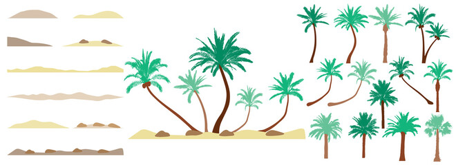 Fototapeta na wymiar Design element of palm trees, constructor collection. Beautiful palm trees, sand, stone. Creation of beautiful exotic island, beach and etc. Vector illustration.