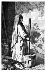 Farmer village woman milling rice. Culture and history of Asia. Vintage antique black and white illustration. 19th century.